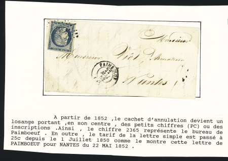 N°4, 25c bleu, OBL PC 2365 + T15 Paimboeuf (1852) sur lettre pour Nantes, ind 13. TB