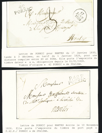 2 lettres avec MP "42 Pornic" + dateur "A" (1830) (30 x 12mm) et "P 42 P Pornic" (1830 - 28 x 12mm), ind 8 et ind 15. TB