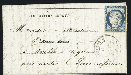Vieille Vigne : n°37 OBL étoile 15 + CAD "Paris R. Bonaparte" (21 janv 71) sur dépêche-ballon n°24 pour Vieille Vigne près Nantes avec arrivée Nantes 28 janv 71 (Le Général Daumesnil). TB
