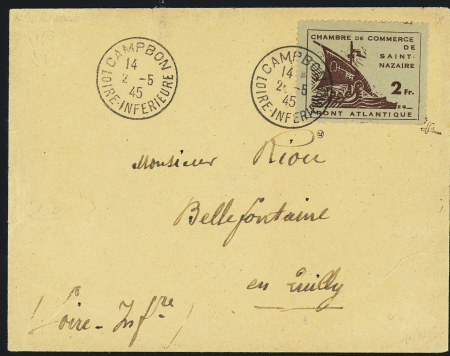 Guerre n°9, 2F Saint Nazaire OBL CAD "Campbon Loire inférieure" (2.5.45) sur lettre. TB, cote 225€
