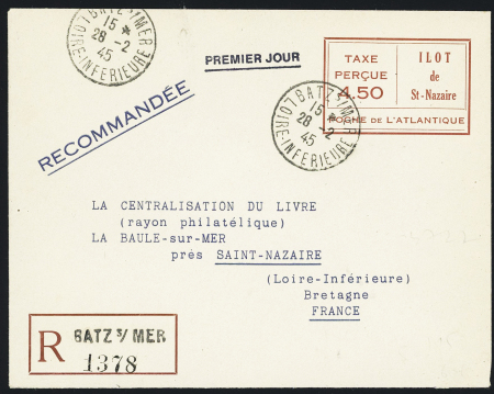 Env. entier postal "taxe perçue 4.50 Ilot de Saint Nazaire" brun rouge sur blanc OBL Batz-s-Mer" (28.2.45 - 1er jour). TB