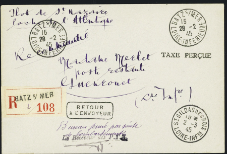 Lettre recommandée AFF en numéraire de Batz-s-Mer (28.2.45) avec griffe "taxe perçue" pour Guenrouet avec mention manuscrite "bureau fermé par suite de bombardements" et CAD de St Gildas des Bois (2.3.45). TB