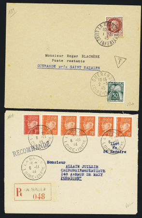 Poche de Saint Nazaire - 2 lettres : n°511, bande de 5 + 514 OBL La Baule (6.11.44) sur LR et n°517 OBL La Baule (1.3.45) sur lettre avec timbre-taxe n°69 OBL Guérande en poste restante. TB