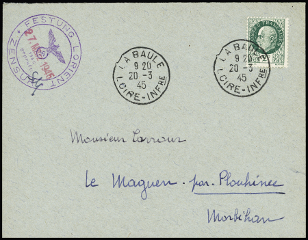 N°518 OBL La Baule (20.3.45) sur lettre pour Maguen par Plouhinec (Morbihan)avec cachet violet "Festung Lorient Zensur" (27.3.45). Rare et TB