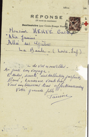 N°653, 2F Iris OBL Paris sur message Croix-Rouge réponse de la Poche de Saint Nazaire (mars 1945) - les messages CR de la Poche de Saint Nazaire sont très rares. TB
