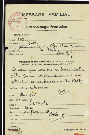 Message Croix-Rouge de La Baule pour Paris (6 mars 1945) avec cachet rouge "Comité de la Presqu'ile guérandaise - Croix Rouge Française - La Baule". TB