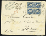 N°29, bloc de 4 (cote Yvert 125€) OBL étoile 1 + CAD "Paris PL de la Bourse" (1869) sur lettre. TB