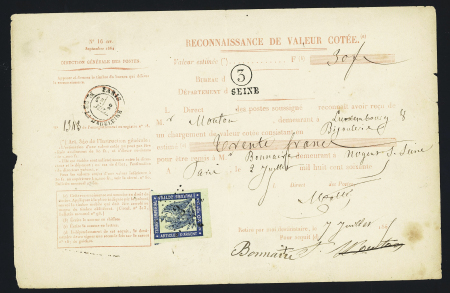 Timbre de dimension 20c bleu aigle OBL étoile 3 + CAD "Paris PL. de la Madeleine" (1865) sur reconnaissance de valeur cotée. TB