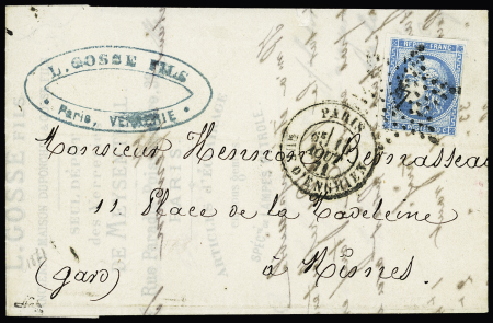 N°46, 20c bleu, OBL étoile 4 + CAD "Paris R. d'Enghien" (10 aout 71) sur lettre, signé JF Brun, rare et TB (l'émission de Bordeauxn'était pas vendue à Paris).
