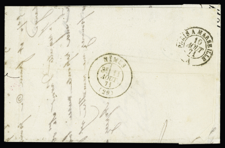 N°46, 20c bleu, OBL étoile 4 + CAD "Paris R. d'Enghien" (10 aout 71) sur lettre, signé JF Brun, rare et TB (l'émission de Bordeauxn'était pas vendue à Paris).