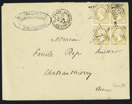 N°21, bloc de 4 (cote Yvert 400€) OBL étoile 7 + CAD "Paris R. des Vlles HAUDRtes" (1868) sur lettre. TB