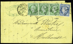 N°35, 5c vert nuance foncée sur bleu + n°37 OBL étoile 17 + CAD "Paris R. du Pont Neuf" (15 juin 1872) sur lettre. TB