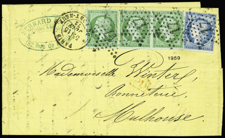 N°35, 5c vert nuance foncée sur bleu + n°37 OBL étoile 17 + CAD "Paris R. du Pont Neuf" (15 juin 1872) sur lettre. TB