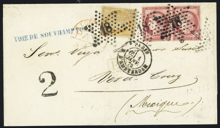N°38 + 57 en paire OBL étoile 18 + CAD "Paris R. d'Amsterdam" (1 janv 73) sur lettre pour Vera-Cruz (Mexique)