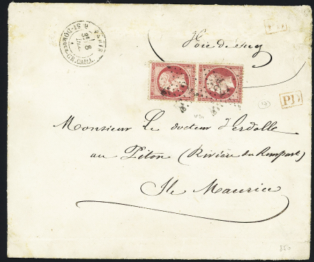 N°24, 80c rose en paire verticale OBL étoile 27 + CAD "Paris R. St DOMque GR Caill" (1868) sur lettre pour l'Ile Maurice avec arrivée au verso. TB