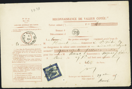 Timbre fiscal 20c bleu aigle OBL étoile 28 + CAD "Paris R Cardinal-Lemoine" (1865) sur reconnaissance de valeur cotée. TB