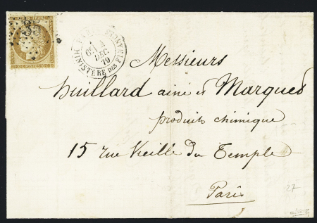 N°36, 10c bistre, OBL étoile 35 + CAD "Paris Ministère des Finances" (4 dec 70) sur lettre de Paris pour Paris pendant le Siège. TB