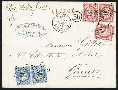 N°57, 3 pièces, + 60 en paire OBL étoile 36 + CAD "Paris Bt Voltaire" (1872) sur lettre chargée (VD 1000F). TB