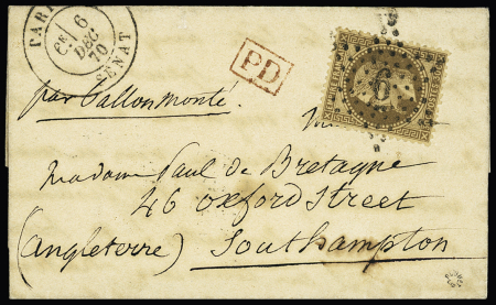 N°30 OBL étoile 6 + CAD "Paris Sénat" (6 dec 70) sur ballon monté pour Southampton (arrivée 9 dec 70) (Denis Papin ou Armée de Bretagne). TB