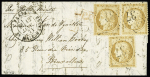N°36, 10c bistre, 3 pièces OBL étoile 37 + CAD "Paris Bt Malesherbes" (12 janv 71) sur ballon monté pour Bruxelles (Le Général Faidherbe) (arrivée 21 janv). TB