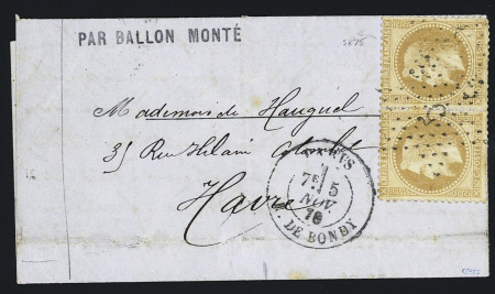 N°28 en paire OBL étoile 5 + CAD "Paris R. de Bondy" (5 nov 70) sur ballon monté Le Havre (9 nov) (La Ville de Chateaudun). TB