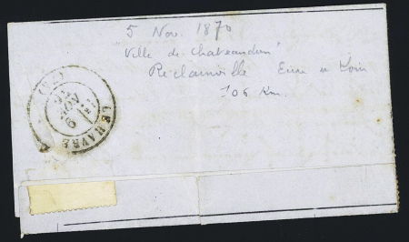 N°28 en paire OBL étoile 5 + CAD "Paris R. de Bondy" (5 nov 70) sur ballon monté Le Havre (9 nov) (La Ville de Chateaudun). TB