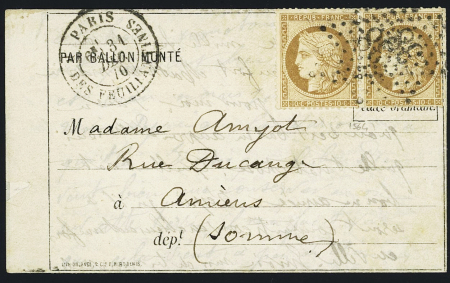 N°36, 2 pièces, OBL étoile 38 + CAD "Paris R. des Feuillantines" (31 dec 70) sur ballon monté pour Amiens (formule Orlandi) (Le Newton). TB