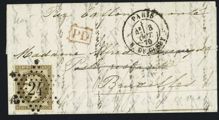 N°30 OBL étoile 24 + CAD "Paris R.de Cléry" (8 oct 70) sur lettre pour Bruxelles (arrivée 10 oct) (L'Armnd Barbès). TB