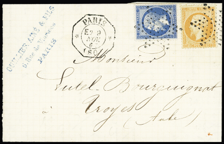 N°22 + 23 OBL étoile muette + CAD octogonal "Paris (60) E2" (9 nov 67) sur lettre, ind 17. TB