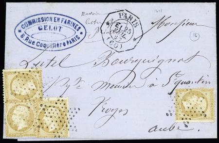 N°23, 4 pièces, OBL étoile muette + CAD octogonal "Paris (60) E1" (1867) sur lettre pour Troyes, ind 16. TB