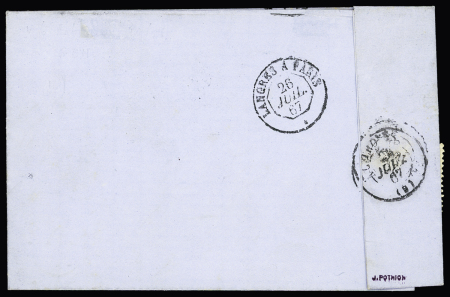 N°23, 4 pièces, OBL étoile muette + CAD octogonal "Paris (60) E1" (1867) sur lettre pour Troyes, ind 16. TB