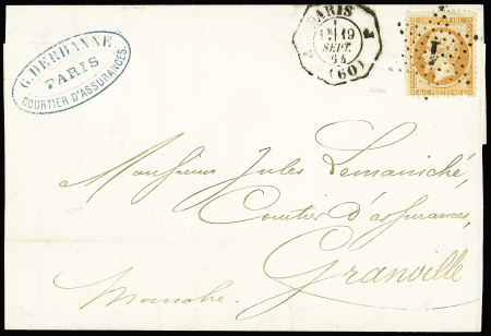 N°23 OBL étoile 1 + CAD octogonal "J Paris J (60)" (1864) sur lettre pour Granville, ind 18. TB