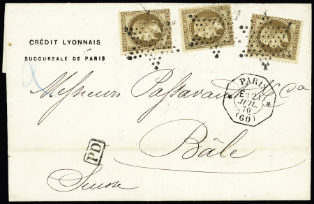 N°30, 3 pièces, OBL étoile muette + CAD octogonal "Paris (60) E3" (1870) sur lettre pour Bâle, ind 19. TB