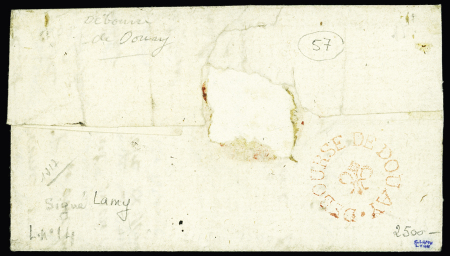 Douai : Lettre de Sens avec au verso cachet rond rouge avec fleur de lys "Déboursé de Douay" (1784), ind 30. RRR