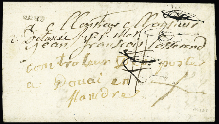 Douai : Lettre de Sens avec au verso cachet rond rouge avec fleur de lys "Déboursé de Douay" (1784), ind 30. RRR