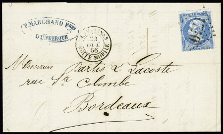 N°22 OBL GC 1710 + T15 "Gravelines boite mobile" (1866) sur lettre de Dunkerque pour Bordeaux, ind 22