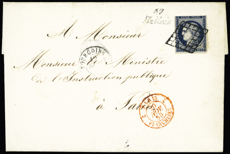 Halluin : N°4 OBL grille ° cursive "57 Halluin" + T15 "Tourcoing" (1850) sur lettre adressée au Ministre de l'Instruction publique à Paris avec CAD rouge "2 Paris 2 franchises" au recto, ind 23. Rare et TB