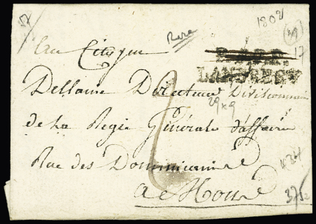 Lettre avec MP "P 57 P Landrecy" (1802 - le P 57 P annulé à la plume et remplacé par une taxe 2). TB