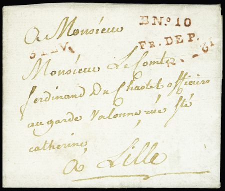 Petite poste de Lille : lettre avec MP rouges B n°10 et FR DEP" (L n°5) - pièce du catalogue Lenain, ind 25. TB