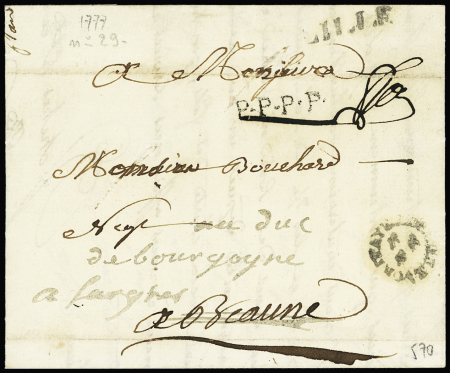 MP "Lille" + "PPPP" + petit cachet circulaire avec 3 fleurs de lys (L29 - 1777), ind 30. TB