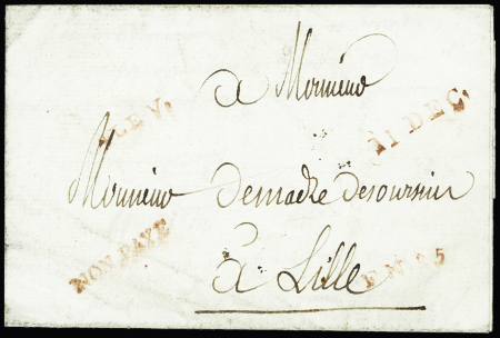 Petite Poste de Lille, lettre avec MP rouges "non payé" + "F n°5" + "11 dec" + "4 fev" (L n°4 - 1789), ind 25. TB