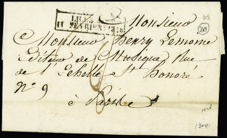 Lettre avec cachet d'essai rect "Lille 57 11 fevrier 1828", ind 23. TB. Certificat Pothion
