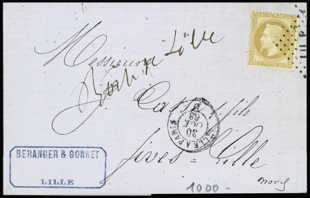 N°28 OBL losange de points "LIL P" + CAD ambulant de nuit "Lille à Paris D" (1868) sur lettre pour Fives-Lille avec mention manuscrite "Boite de Lille". TB