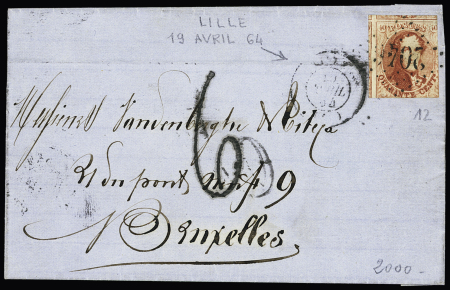 Belgique n°12 OBL GC 2046 + T15 Lille (1864) sur lettre avec taxe tampon 6 façon manuscrite (timbre de Belgique inadmis  en France). RR. TB
