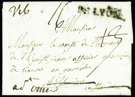 Lettre avec MP "De Lyon" pour Valenciennes réexpédiée à Saint Omer avec au verso marque manuscrite "Deb de Valenciennes" (L n°14 - 1772), ind 18. TB