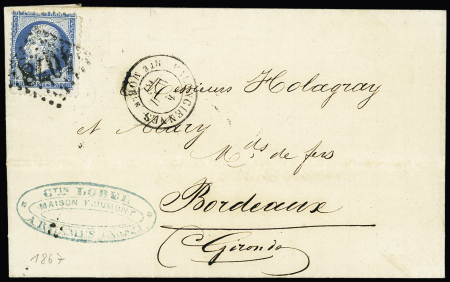N°22 OBL GC 4078 + T15 "Valenciennes Bte MOBle" (1867) sur lettre, ind 20. TB
