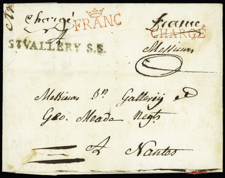 MP "St Vallery SS" (L n°8, ind 16) + MP rond "chargé" + "franc" couronné de Paris (L n°47) sans texte. Jolie pièce, ex collection Lenain. TB