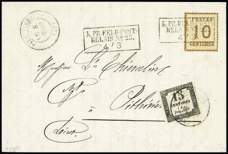 Alsace n°5 OBL CAD rectangulaire "K. PR. Feldpost relais n°25" (Reims 4 mars 1871) sur lettre pour Pithiviers taxée en port local à 15c par les postiers français. RR et TB