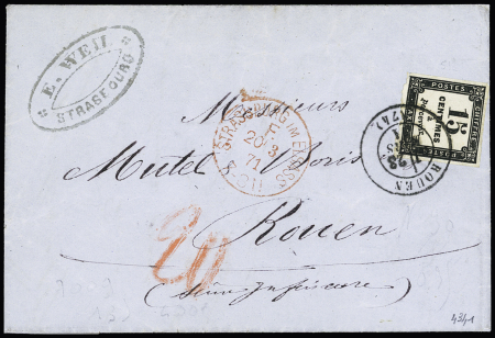 Lettre avec CAD rouge "Strassburg im elsass F" (20.3.71) pour Rouen (74)" seule lettre connue avec CAD franco et timbre-taxe français. TB