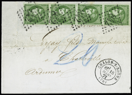N°42B, 5c vert-jaune, bande de 4 verticale, OBL GC 842 + T17 Chalon-s-Saone (70)" (18 mars 71) sur lettre pour Charleville (Ardennes) avec taxe allemande 20 au crayon bleu. Jolie pièce rare